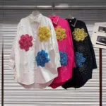 Trendy Women's Nail Beading Spliced 3D Flower Shirt 2025 Autumn Long Sleeves Lapel Blouse Female