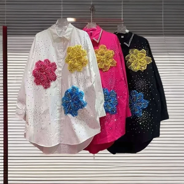 Trendy Women's Nail Beading Spliced 3D Flower Shirt 2025 Autumn Long Sleeves Lapel Blouse Female